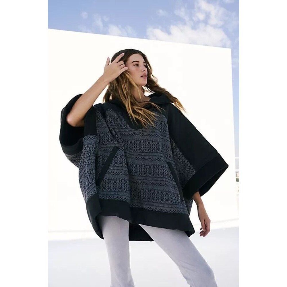 NEW FREE PEOPLE Sz S HERITAGE PONCHO JACKET BLACK GRAY